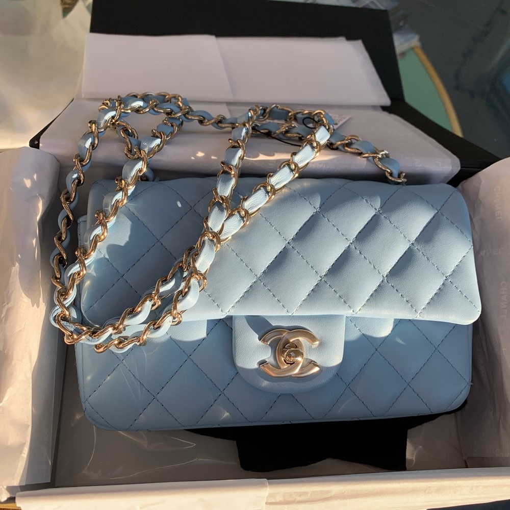 22S CHANEL  Blue Classic Mini Flap Bag Lambskin Rectangular 2022 GHW NWT - Picture 9 of 15